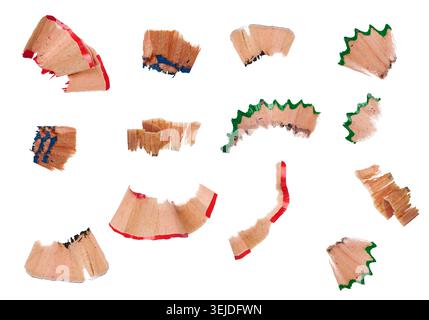 Wooden pencil shavings on isolated background, top view Stock Photo