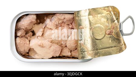 Cod liver in open tin can close-up on a white background. Top view. Stock Photo