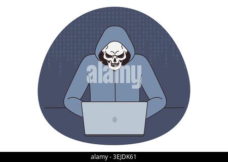 Anonymous hacker in hood and skull mask work on computer break operational software. Darknet user hack program on laptop. Spam or virus spread, techno Stock Photo