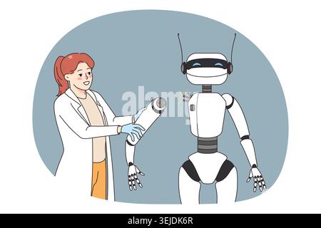 Woman work with ai robot in office Stock Photo