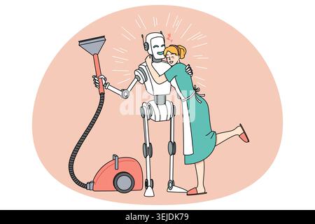Smiling housewife hug robotic assistant cleaning home Stock Photo