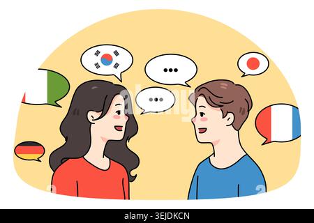 Diverse people talk communicate in different languages Stock Photo