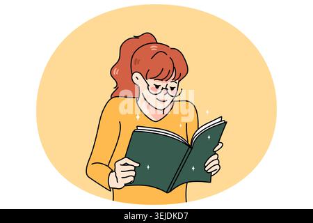 Happy woman reading book engaged in interesting novel. Smiling girl enjoy literature. Bookworm or booklover concept. Education and learning. Flat vect Stock Photo