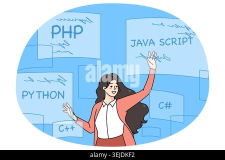 Woman coder programming with computer languages Stock Photo