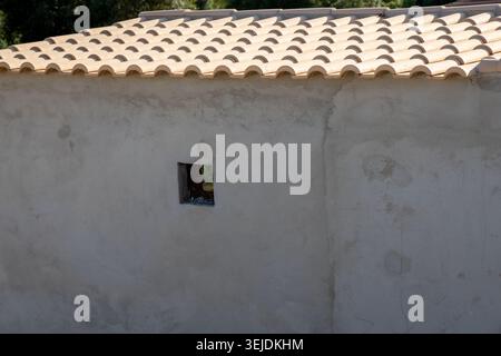 A close-up view of a traditional tiled roof and a textured plaster wall featuring a tiny, dark aperture Stock Photo