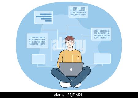Smiling software engineer writing codes on computer Stock Photo