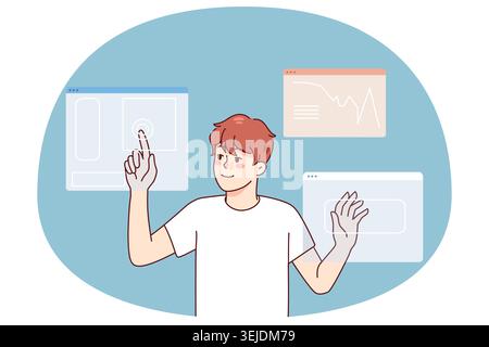 Man designer use touchpad access personal identification. Male using creative digital app interface. Web design and technology. Vector illustration. Stock Photo
