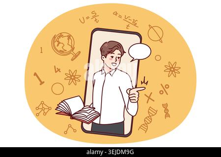 Male teacher holding book having online lesson on cellphone. Smiling confident man tutor teaching students using smartphone internet application. Remo Stock Photo