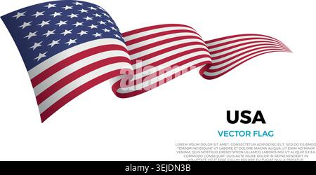 Flag of United States. American Culture. Set against a clean white background with country name and copy space. A shining vector flag rendered in thre Stock Vector