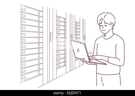 Male engineer work in server room Stock Photo