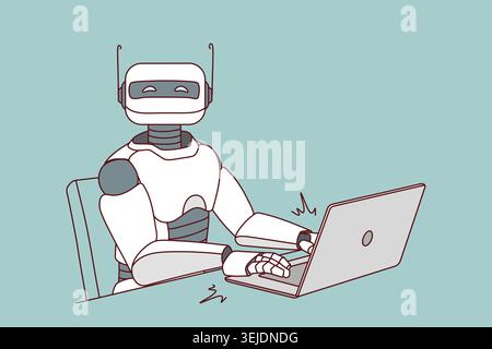 Robot working on laptop at desk Stock Photo