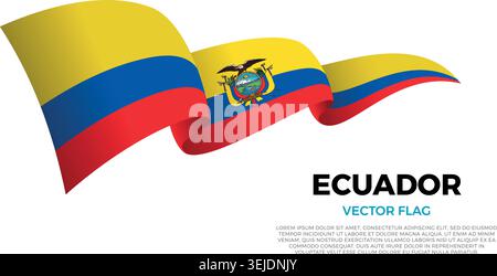 Flag of Ecuador. Ecuadorian and South American Culture. Set against a clean white background with country name and copy space. A shining vector flag r Stock Vector