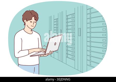 Male engineer work in server room Stock Photo