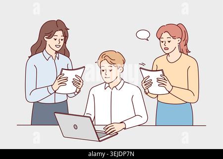 Businesspeople work together on computer in office Stock Photo