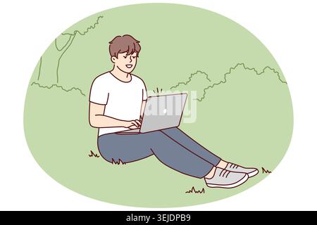 Smiling man sit in park work on laptop Stock Photo