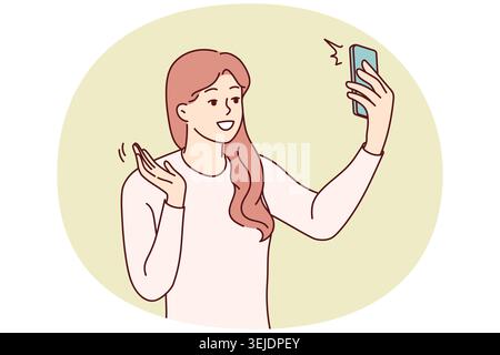 Smiling woman talk on video call on cell Stock Photo