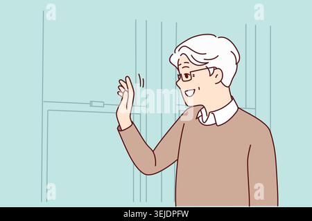 Smiling mature man look in mirror waving. Happy elderly grandfather greeting with someone from indoors. Vector illustration. Stock Photo