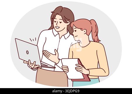 Businesswomen brainstorming using laptop together. Female employees collaborate discussing business ideas on computer. Vector illustration. Stock Photo