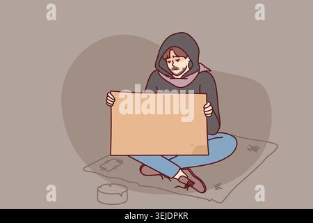Poor man begging on street holding mockup board or paper. Unhappy male beggar suffer from poverty with placard in hands. Vector illustration. Stock Photo