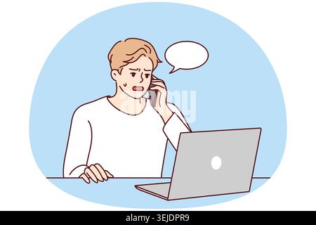 Unhappy man speak with helpline having computer problem Stock Photo