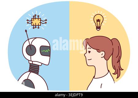 Young woman with lightbulb above head and robot exchange thoughts generate ideas. Concept of artificial intelligence and human intellect. Vector illus Stock Photo