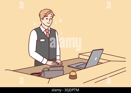Man working as receptionist in hotel stands behind counter with laptop and phone. Vector image Stock Photo
