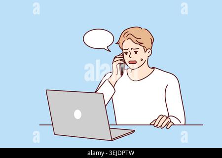 Unhappy man speak with helpline having computer problem Stock Photo