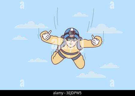 Man skydiver hangs in sky and shows two hands thumbs up after jumping from airplane. Flat image Stock Photo