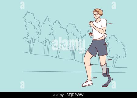 Smiling man with prosthesis run in park Stock Photo