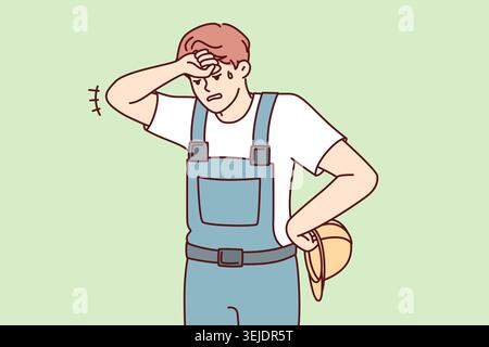 Tired sweaty man in construction uniform and safety helmet wiping forehead. Vector image Stock Photo