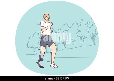 Smiling man with prosthesis run in park Stock Photo