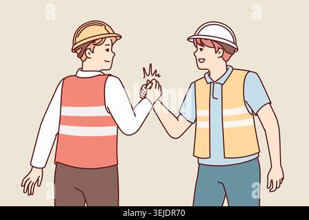 Two men in uniform of builders shake hands holding each others palms tightly.. Vector image Stock Photo