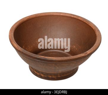 Empty brown clay bowl on isolated background, food plate Stock Photo