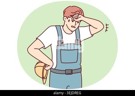 Tired sweaty man in construction uniform and safety helmet wiping forehead. Vector image Stock Photo