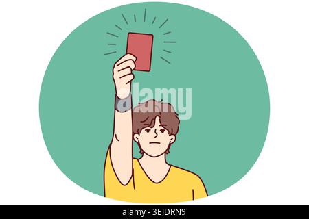 Man football referee raises hand with red card suspended football player from match. Vector image Stock Photo