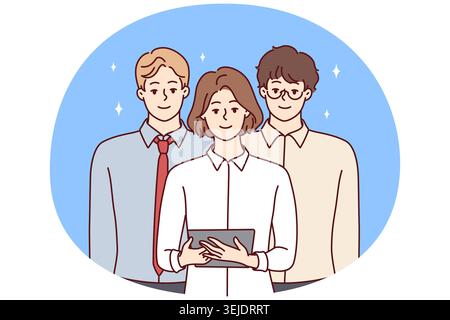 Team young professionals from woman with tablet and two men in business clothes. Vector image Stock Photo