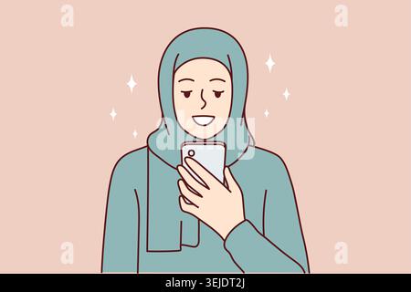 Muslim woman smiling using mobile phone for text messaging or visiting islamic sites. Vector image Stock Photo