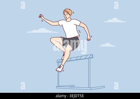 Male athlete running up jumps over barrier during important competition. Vector image Stock Photo