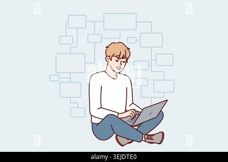 Young man programmer sits cross-legged on floor with laptop on lap and creates apps. Vector image Stock Photo