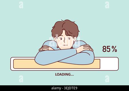 Bored man leaning on progress line loading waiting to download movie from internet. Vector image Stock Photo