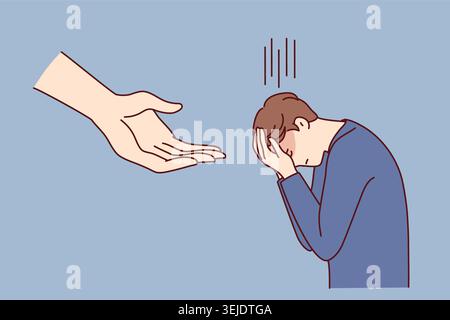 Crying man covers face bowing head while standing near giant hand hanging from sky. Vector image Stock Photo