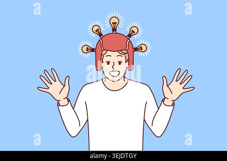 Satisfied excited man in helmet with glowing light bulbs raises hands and smiles. Vector image Stock Photo