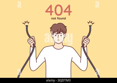 Eror 404 with sad man holding broken wire in hands and having trouble accessing internet site. Guy with damaged network cable symbolizing web error wh Stock Photo