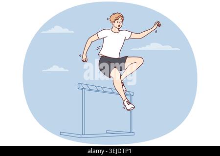 Male athlete running up jumps over barrier during important competition. Vector image Stock Photo