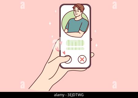 Woman hand with phone while using dating app or looking for couple for serious romantic relationship. Girl puts like man in mobile application of soci Stock Photo