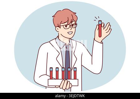 Young man scientist in white coat holds test tubes with blood samples for experiments. Vector image Stock Photo