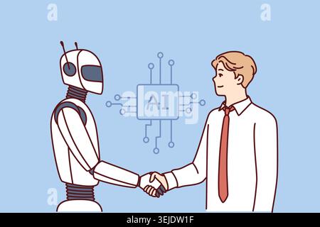 Man shakes hands with robot as sign of friendship between humans and artificial intelligence AI Stock Photo