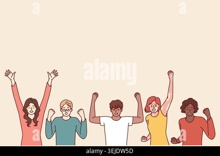 Delighted diverse people making victory gestures with hands enjoying joint success. Team of emotional people in casual clothes celebrating common vict Stock Photo