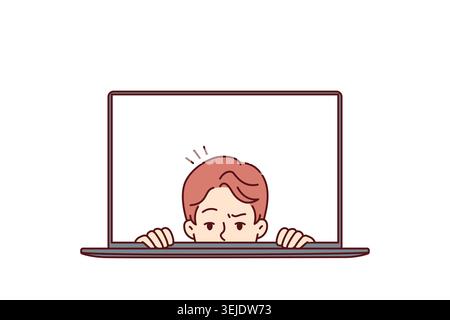 Man with frightened face looks out of laptop screen for concept of non-professional work on Internet Stock Photo