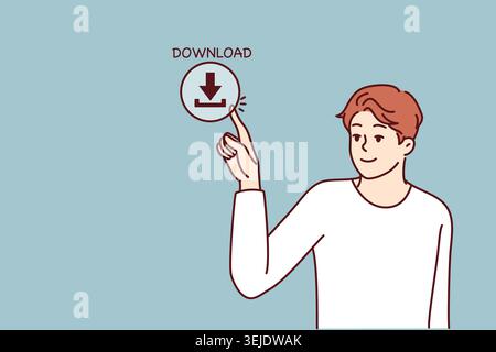 Young man presses download button on screen for concept of web content consumption and network use. Guy downloads information from Internet using clou Stock Photo